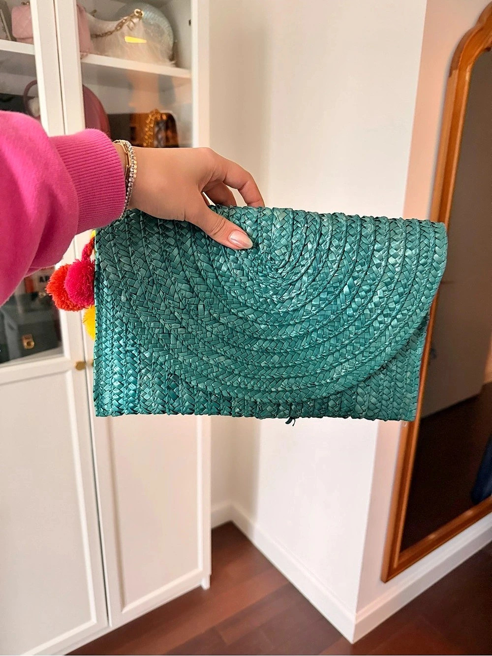 Shiraleah Woven Pom Pom Straw Clutch in Turquoise Like New